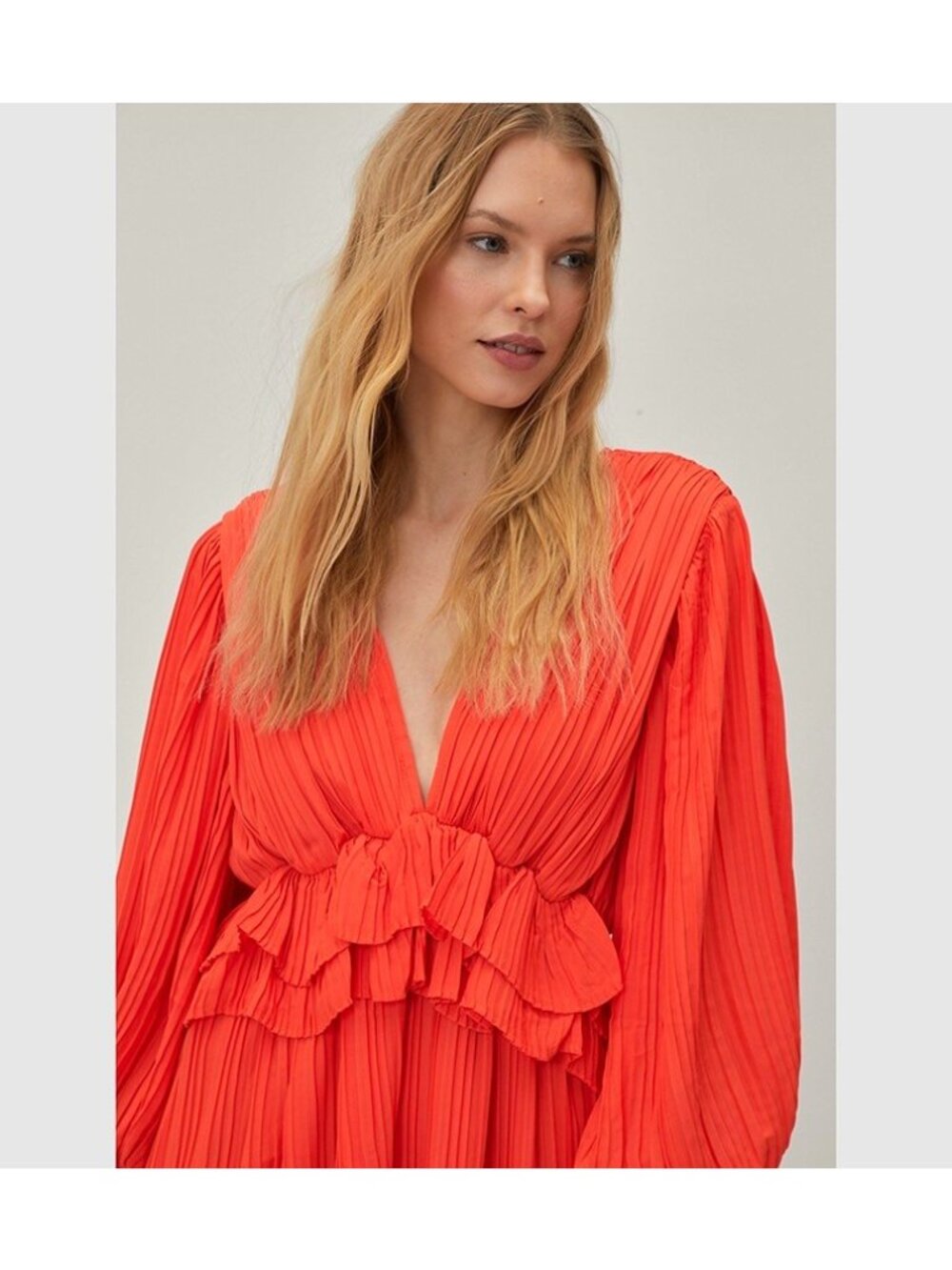 Nasty Gal Red-Orange Ruffle Plunging Pleated Midi Maxi Dress Size 4 Wedding - Picture 3 of 11